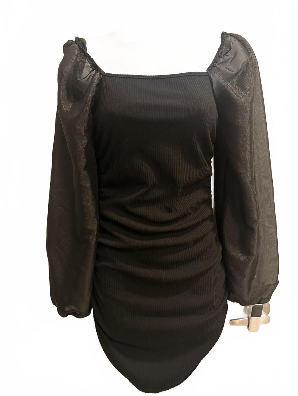 Dazy Black Puff Sleeve Ruched Mini Dress – Size M